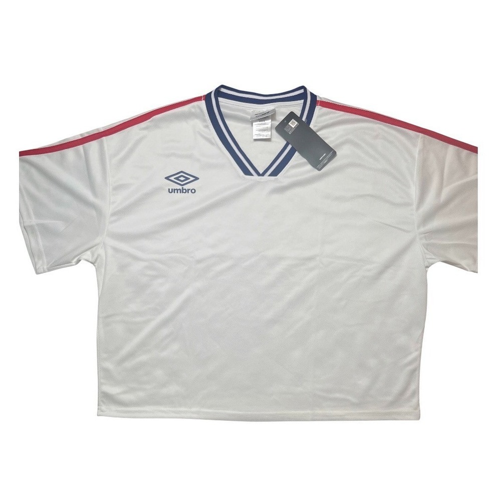 Umbro Womens Sz M Retro Boxy V-Neck Jersey White Navy Red Accents Throwback-2086